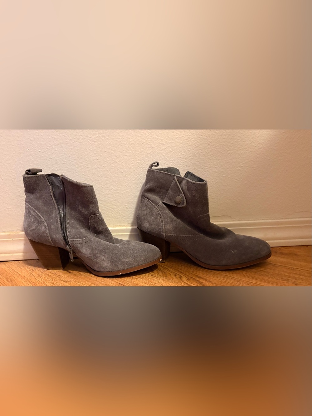 Diba Gray Suede Ankle Booties with Snap Tab